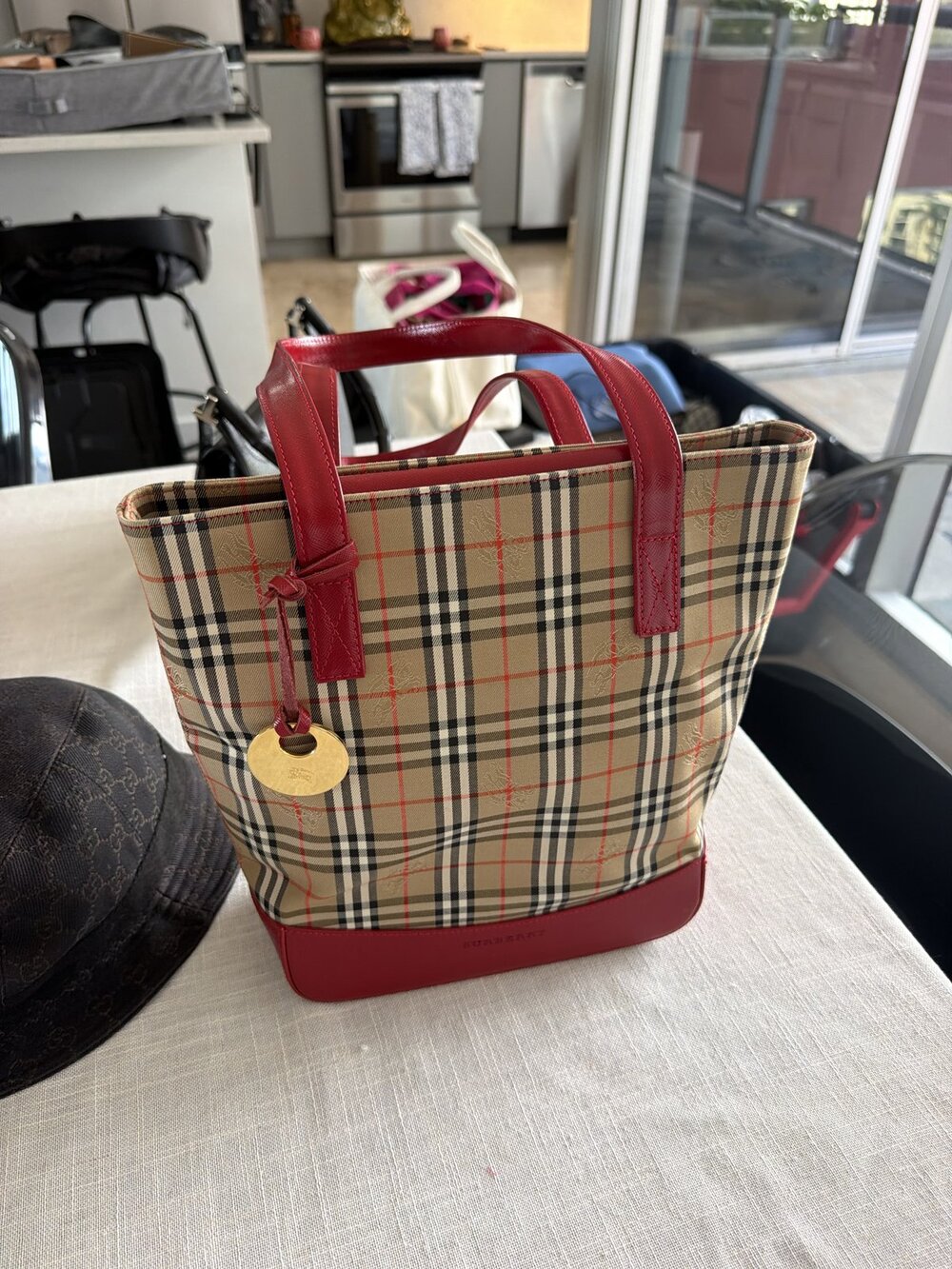 Burberry Nova Check Canvas Red Leather Tote Bag